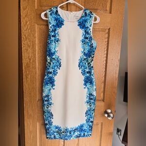 Calvin Klein white and blue floral print sheath dress, size 4